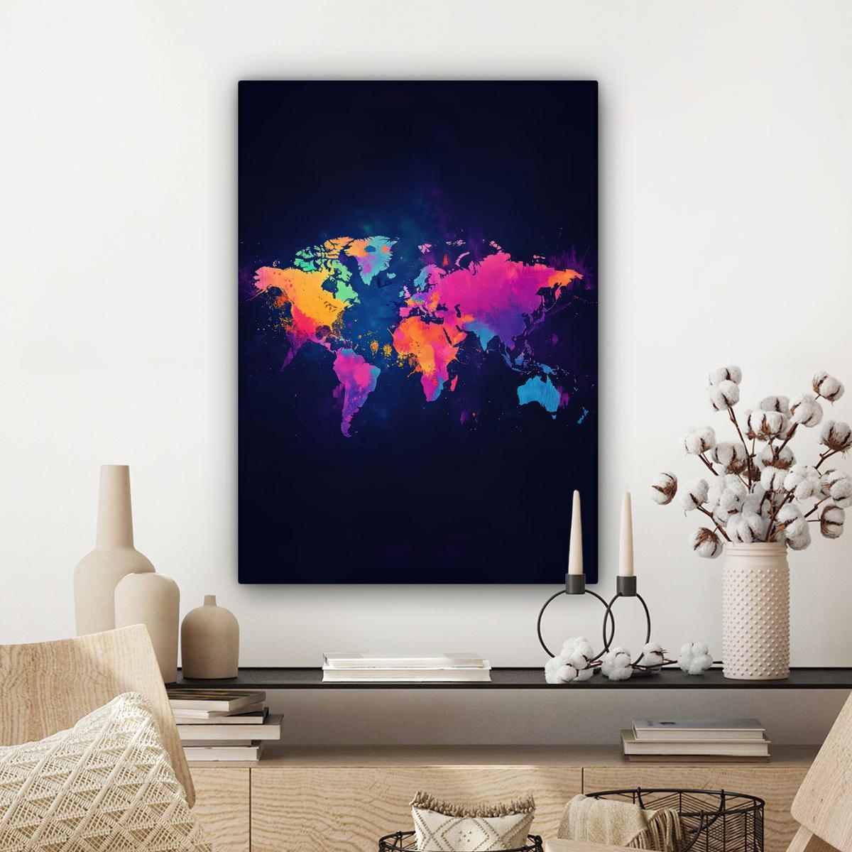 LEINWANDBILD Weltkarte - Bunt - Graffiti Wandbild Wohnzimmer 60x80 cm - Multicolor, Textil (60/80cm) - MuchoWow