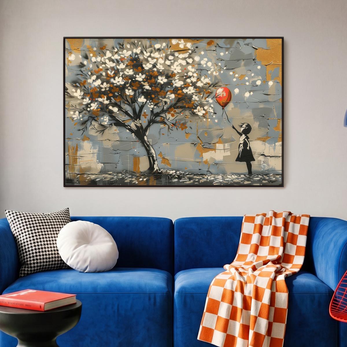 LEINWAND Bilder mit Rahmen - Baum - Graffiti - Banksy-Stil - Ballon-Mädchen - 90x60 - Blaugrau, Textil (90/60cm) - MuchoWow