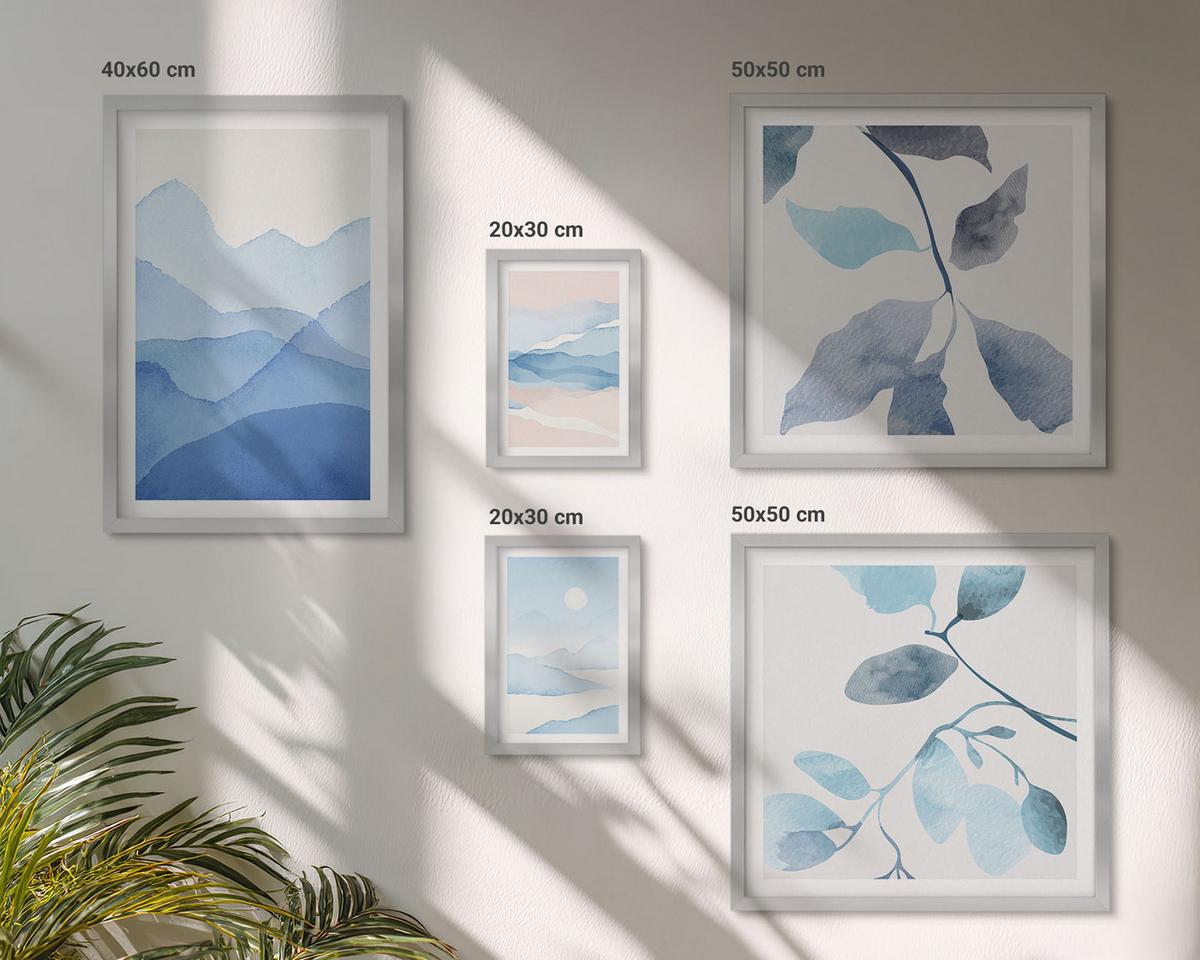 BILDER SET 5er Set - 50x50 cm & 20x30 cm & 40x60 cm Silberner Rahmen - Berglandschaften, Aquarellpflanzen - Silberfarben, Kunststoff (40/60cm) - TULUP