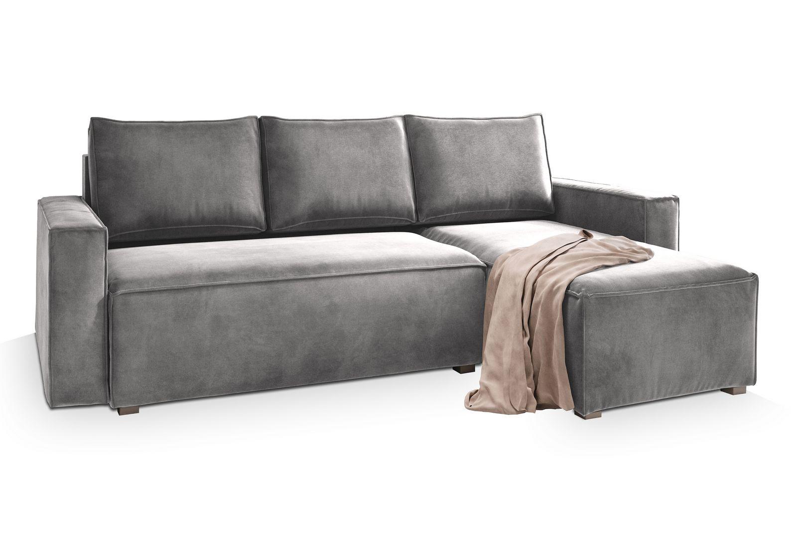 ECKSOFA SILES Hellgrau Velours-Stoff mit Schlaffunktion - Hellgrau/Grau, Holz/Kunststoff (230/140cm) - MASSENO