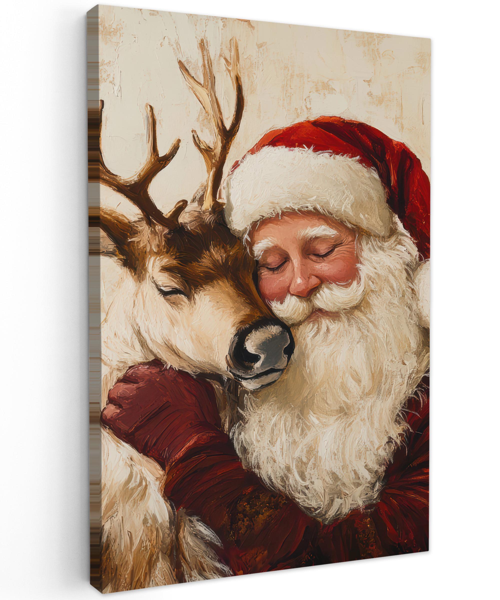 LEINWANDBILD Weihnachtsmann - Rentier - Weihnachten Deko Groß 90x140 cm - Rotbraun, Textil (90/140cm) - MuchoWow