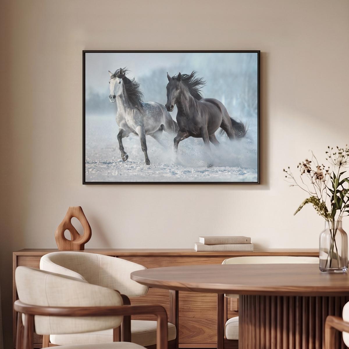 LEINWAND Bilder mit Rahmen - Pferde - Winter - Tiere - Natur - Schnee - 80x60 - Anthrazit, Textil (80/60cm) - MuchoWow