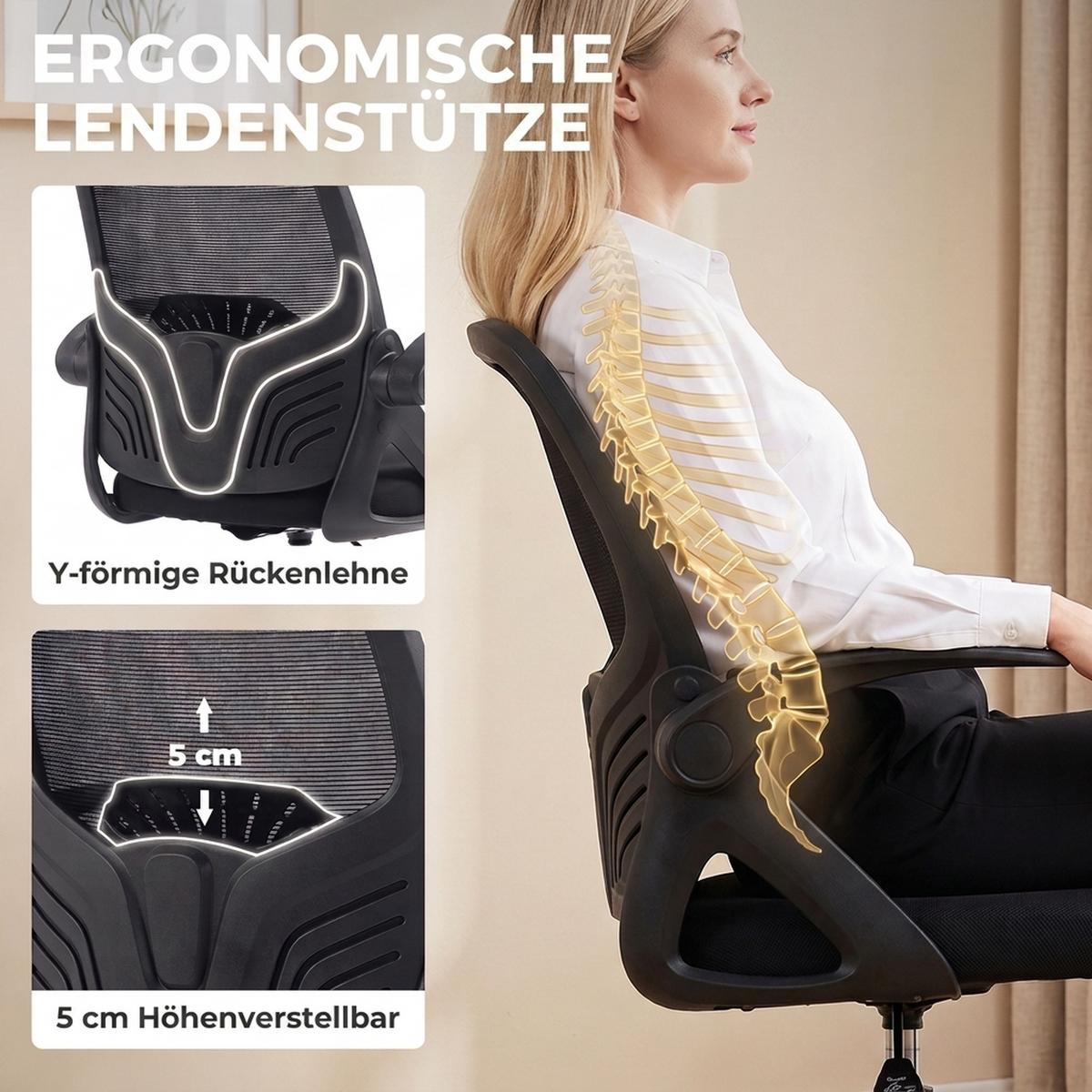ARBEITSSTUHL Netzgewebe Stahl Schwarz - Schwarz, Kunststoff/Textil (59/124/65cm) - HOMCOM