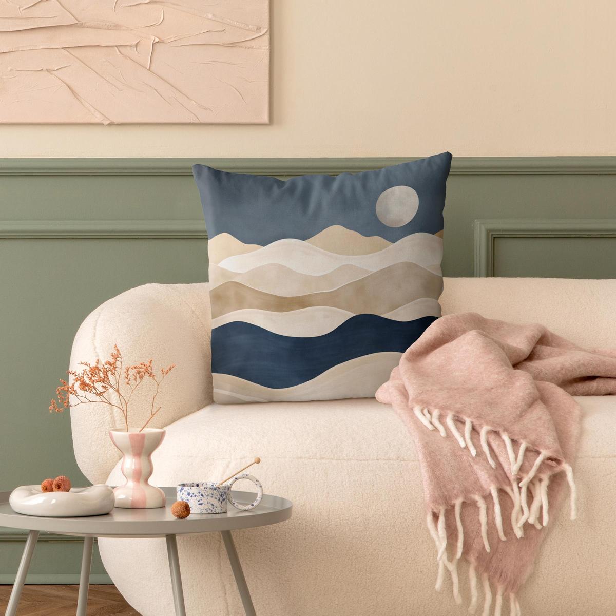 KISSENBEZUG Minimalistische Boho Landschaft Beige Blau 40/40 cm - Blau, Textil (40/40cm) - Bilderwelten
