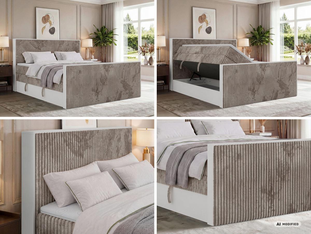 BOXSPRINGBETT TRAVIT KING DUO 140/200 - Hellbraun Cord - Topper Visco - H3 - Hellbraun/Schwarz, Kunststoff/Textil (140/200cm) - MKS