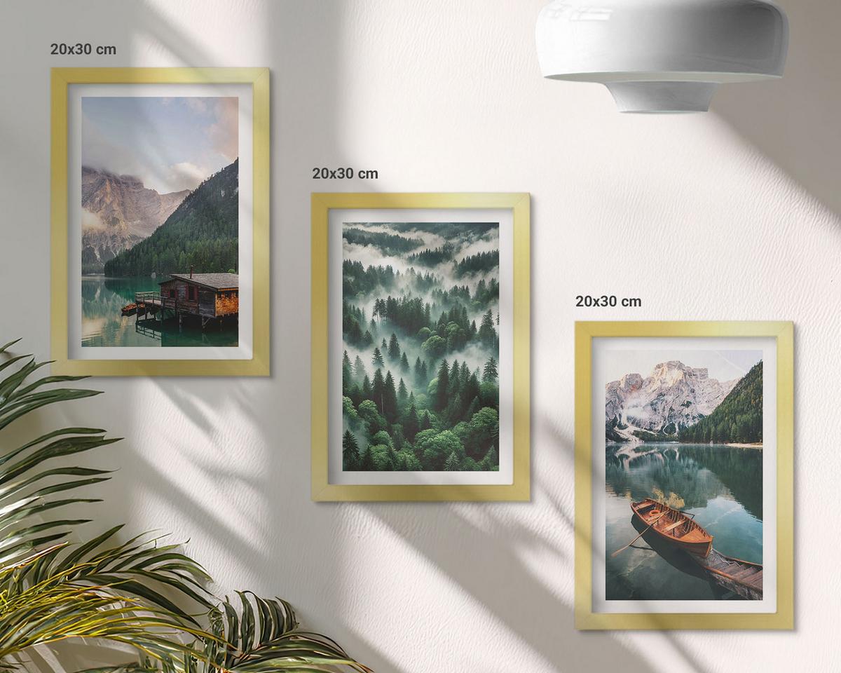 BILDER SET 3er Set - 20x30 cm Goldrahmen - Bergsee, Boot, Waldnebel - Goldfarben, Kunststoff (20/30cm) - TULUP