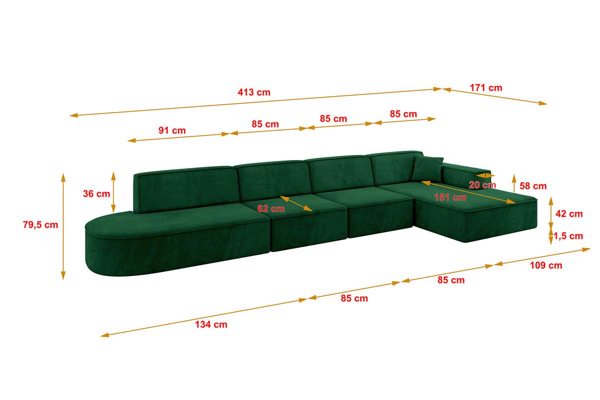 ECKSOFA Ottomane Rechts IREA-L3-v4 - 413x171x79 cm Grün - Grün, Holzwerkstoff/Textil (171/413cm) - ALTDECOR