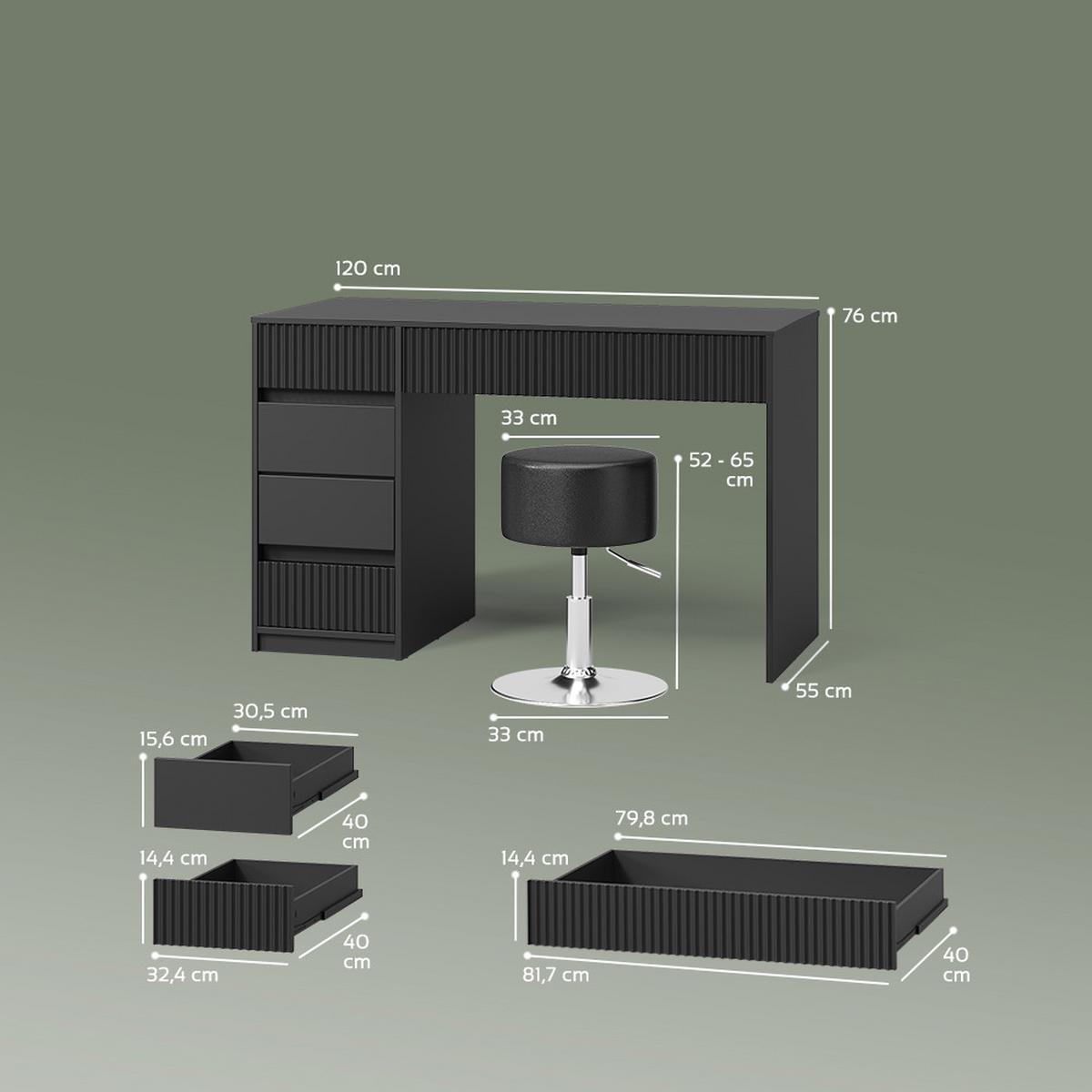 SCHMINKTISCH Allia Schwarz 120 cm mit Hocker - Schwarz, Holzwerkstoff (120/76/55cm) - Livinity®