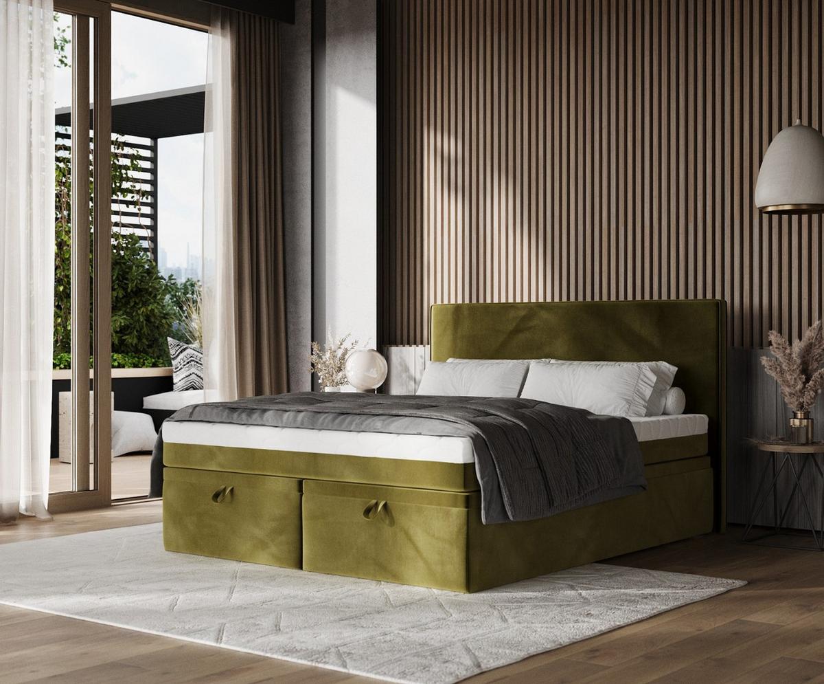 BOXBETT Zalla 140/200 cm Olivgrün im Kronos Stoff - Schwarz/Olivgrün, Holz/Holzwerkstoff (140/200cm) - AltaBeds