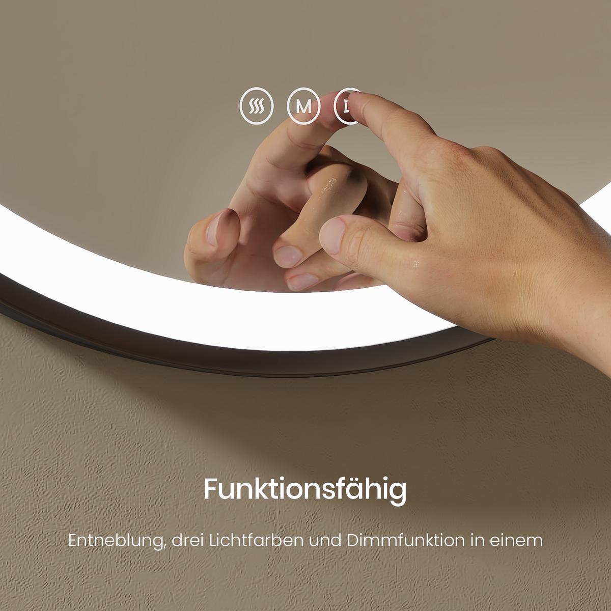 BADSPIEGEL mit Touch-Schalter Beleuchtung mit Hängeriemen Schwarz Ø 60 cm - Schwarz, Glas (60/60/3.5cm) - EMKE