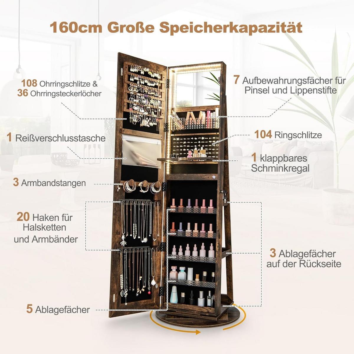 SCHMUCKSCHRANK 160cm Kaffee - Braun, Holz (54/160/54cm) - COSTWAY