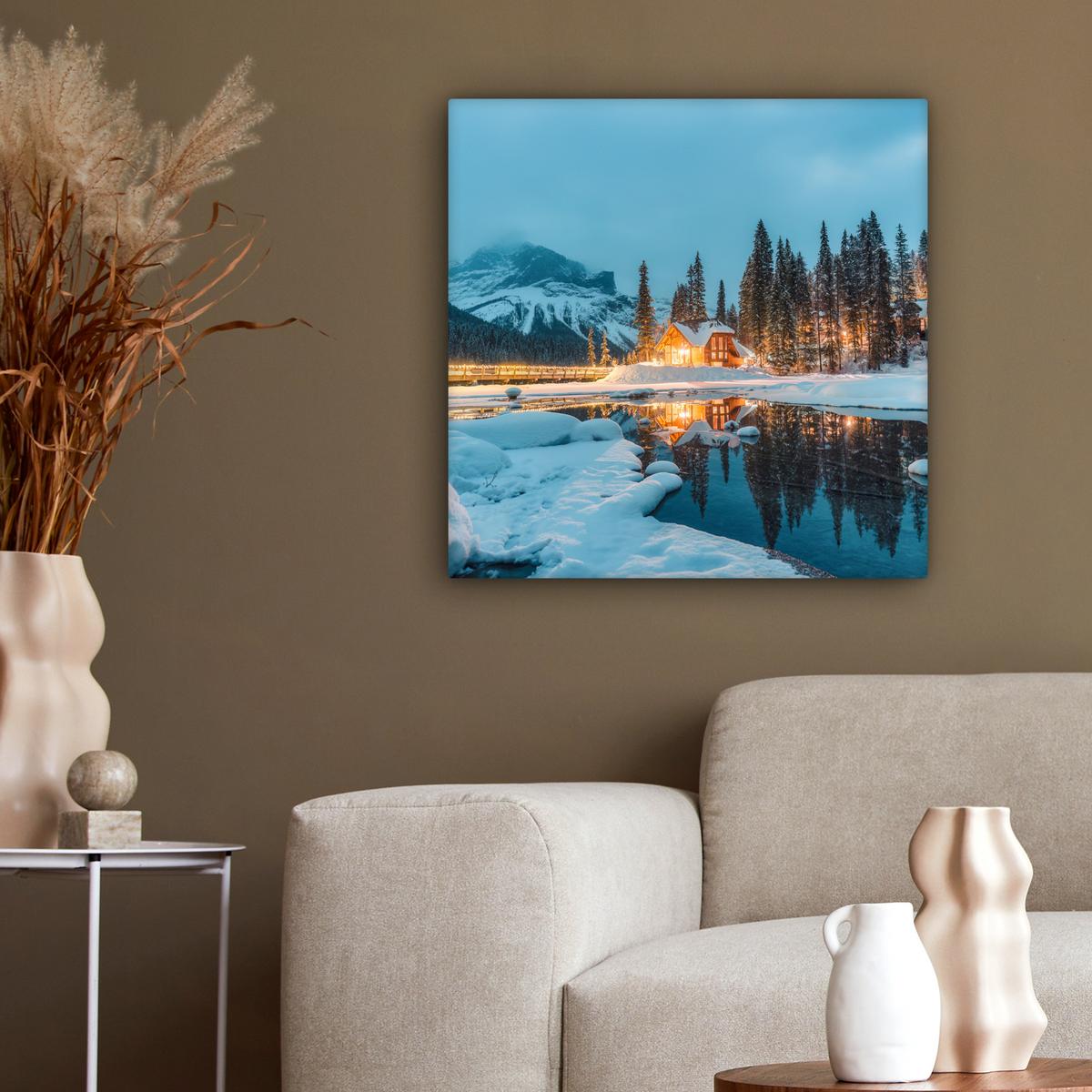 LEINWANDBILD Winterlandschaft - Natur - Haus - Berge - Schnee Wandbild Wohnzimmer 50x50 cm - Hellblau, Textil (50/50cm) - MuchoWow