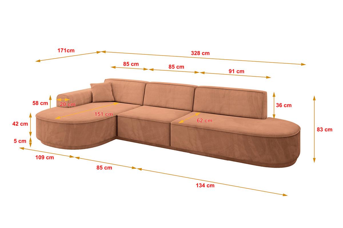 ECKSOFA Ottomane Links MARI-L2-v3 - 328x171x83 cm Orange Velours - Schwarz/Orange, Holzwerkstoff/Kunststoff (328/171cm) - ALTDECOR