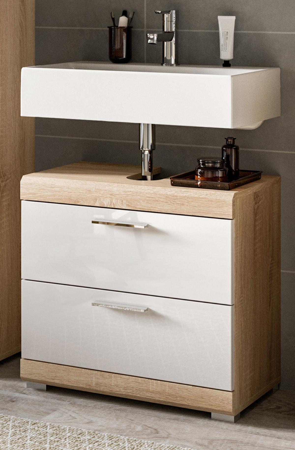 WASCHBECKENUNTERSCHRANK weiß Hochglanz, Eiche 60 cm, Schubkästen mit Vollauszug - Weiß Hochglanz/Eichefarben, Holzwerkstoff/Kunststoff (60/56/37cm) - Inn.Furn