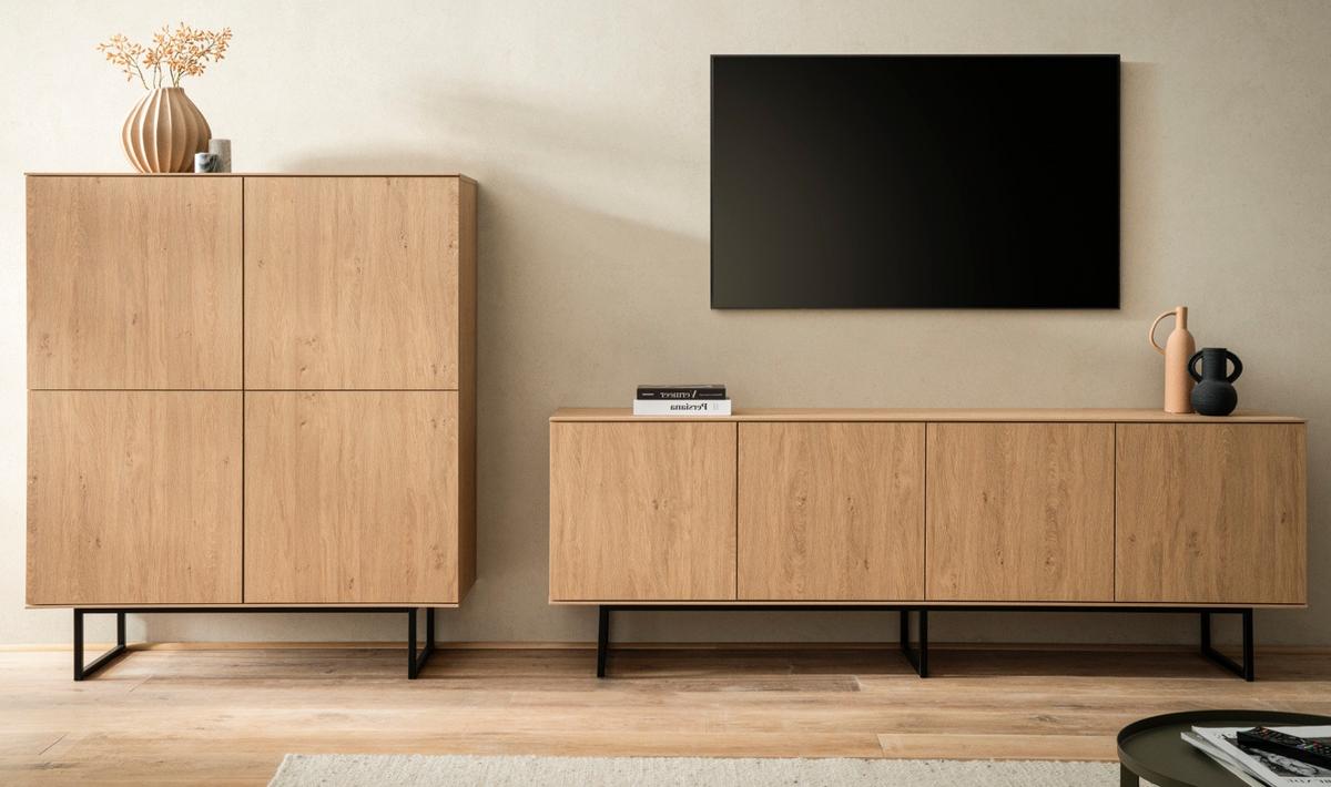 WOHNWAND in Eiche Dekor, Wohnzimmer Set mit TV Lowboard 200 cm und Highboard 4-türig, Push-To-Open - Eichefarben/Schwarz, Holzwerkstoff/Metall (330/137/40cm) - Furn.Design