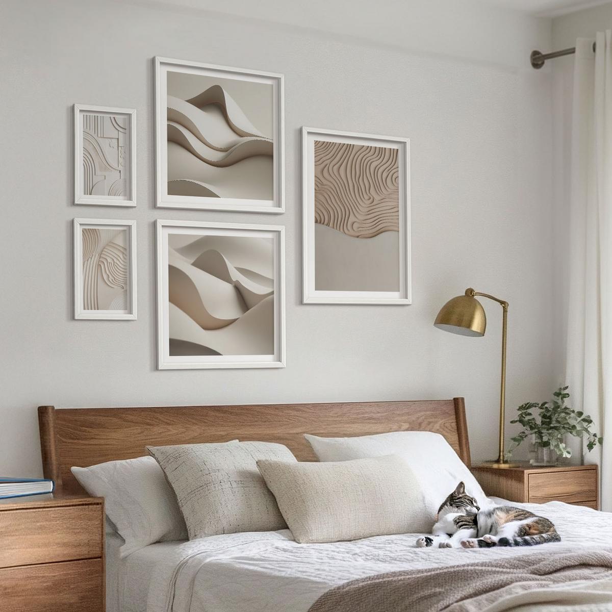 BILDER SET 5er Set - 50x50 cm & 20x30 cm & 40x60 cm Weißer Rahmen - Abstrakte Wellen auf dem Sand - Weiß, Kunststoff (40/60cm) - TULUP