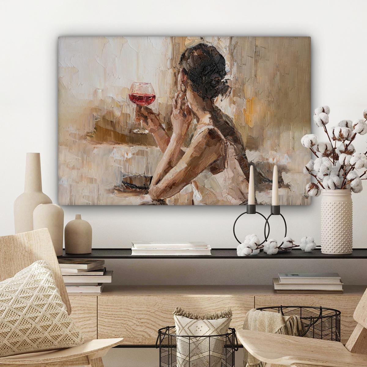 LEINWANDBILD Ölgemälde - Frau - Wein Gemälde 60x40 cm - Hellbraun, Textil (60/40cm) - MuchoWow