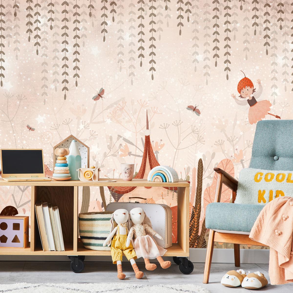 FOTOTAPETE für Kinderzimmer Feen Aquarell Wald Blumen Blätter Boho 250x175 - Beige/Orange, Papier (250/175cm) - Muralo