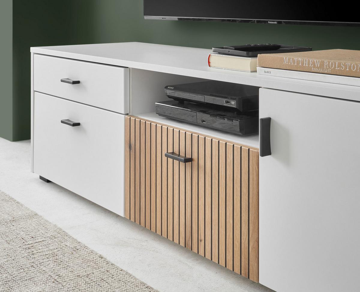 WOHNWAND 4-teilig weiß matt, Eiche 320 cm, Wohnkombination mit viel Stauraum und Soft-Close - Eichefarben/Schwarz, Glas/Holzwerkstoff (320/180/42cm) - Furn.Design