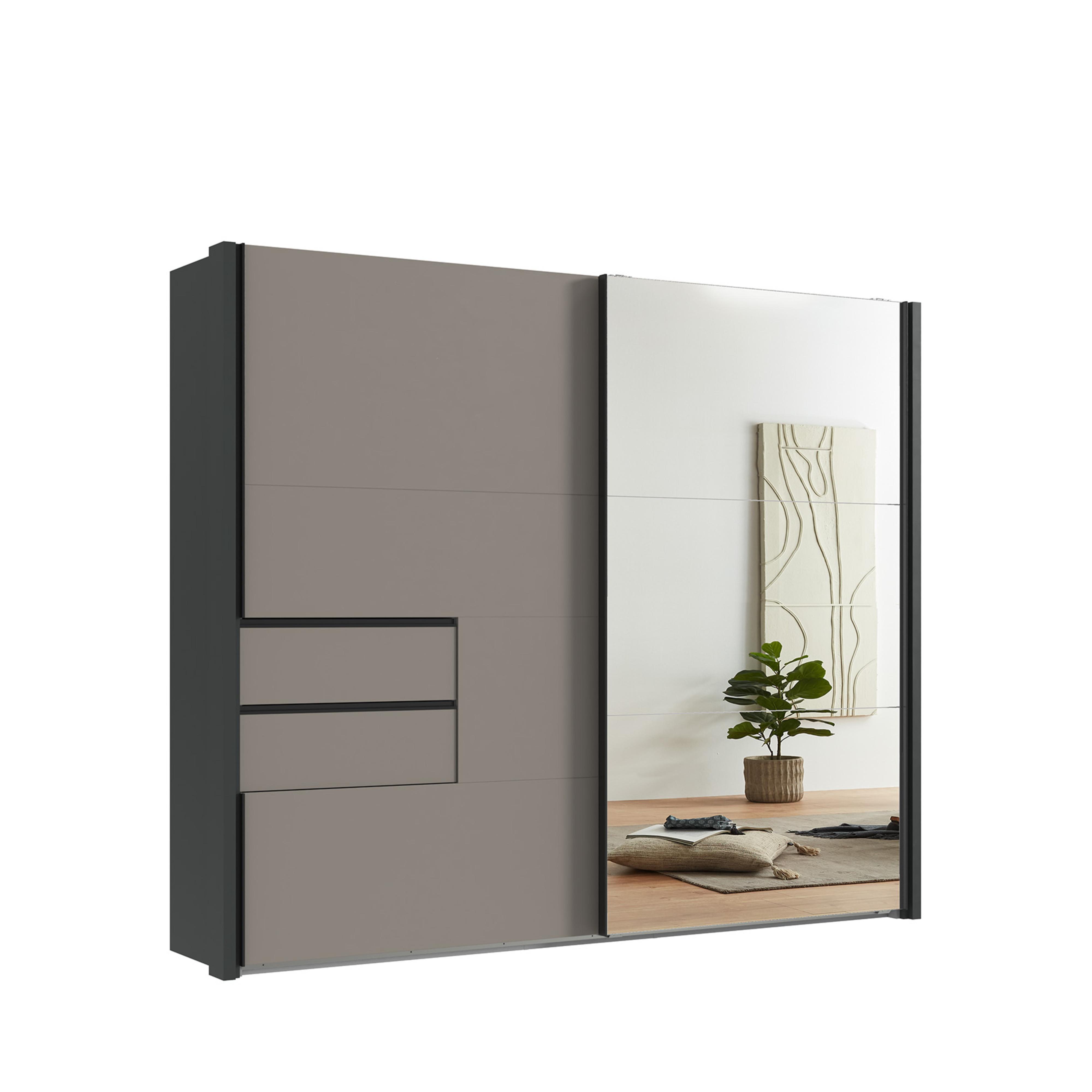 SCHWEBETÜRENSCHRANK 2-türig B262/H216/T65 cm, Korpus&Passepartout Grafit, Türen&Schubladen Sandgrau/Spiegel, Kleiderschrank inkl. Vollausst. / 22062 - Sandfarben/Bordeaux, Holzwerkstoff/Metall (262/216/65cm) - luma-home