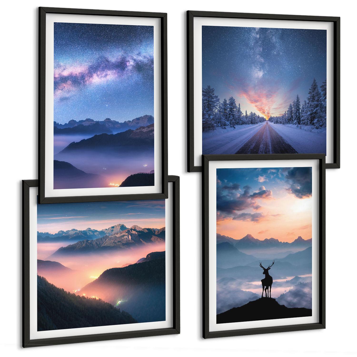 BILDER SET 4er Set - 50x50 cm & 40x60 cm Schwarzer Rahmen - Nachthimmel Berge Nebel Hirsch - Schwarz, Kunststoff (50/50cm) - TULUP