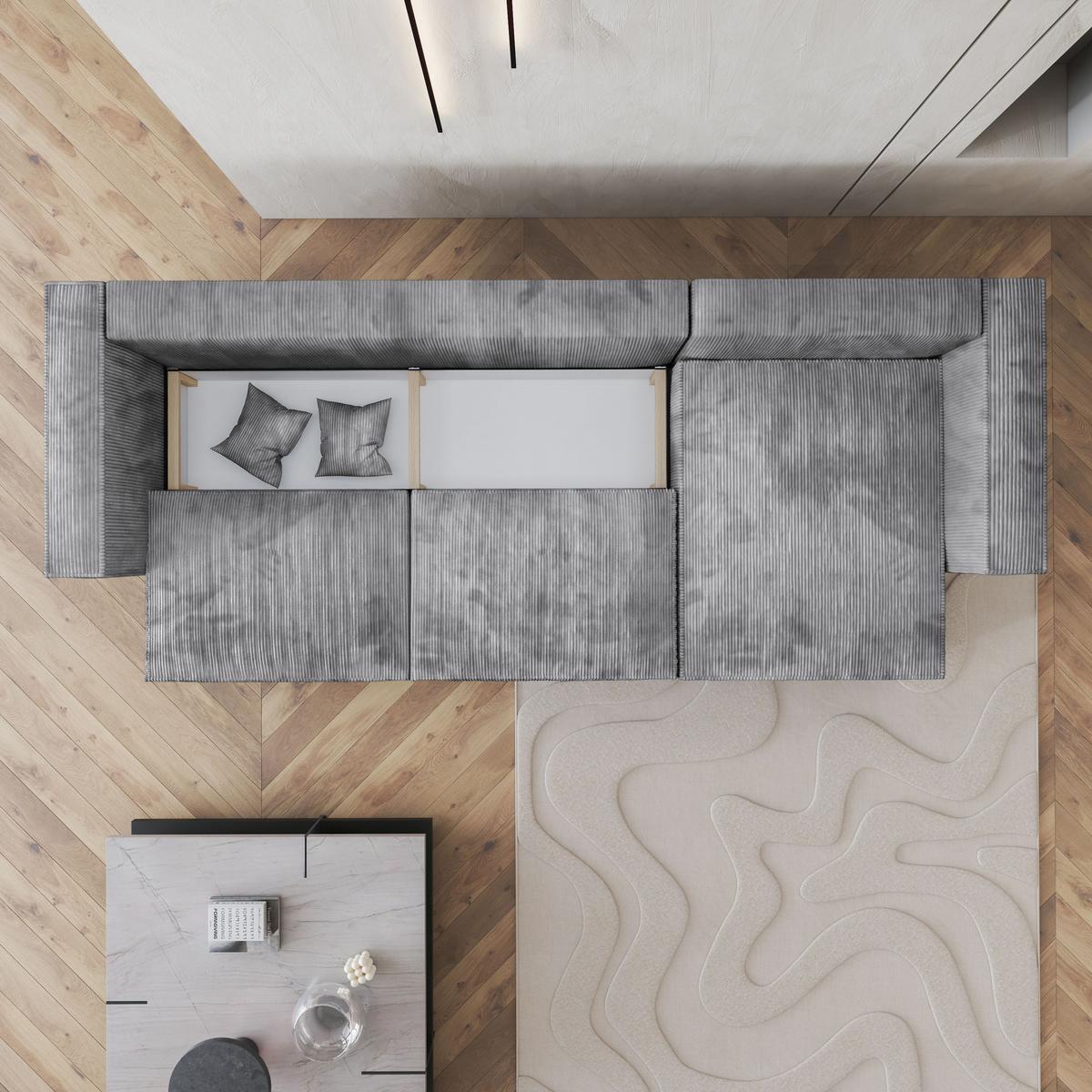 ECKSOFA TOLMO P Hellgrau Kordstoff mit Schlaffunktion - Hellgrau/Grau, Holz/Kunststoff (347/148cm) - MASSENO