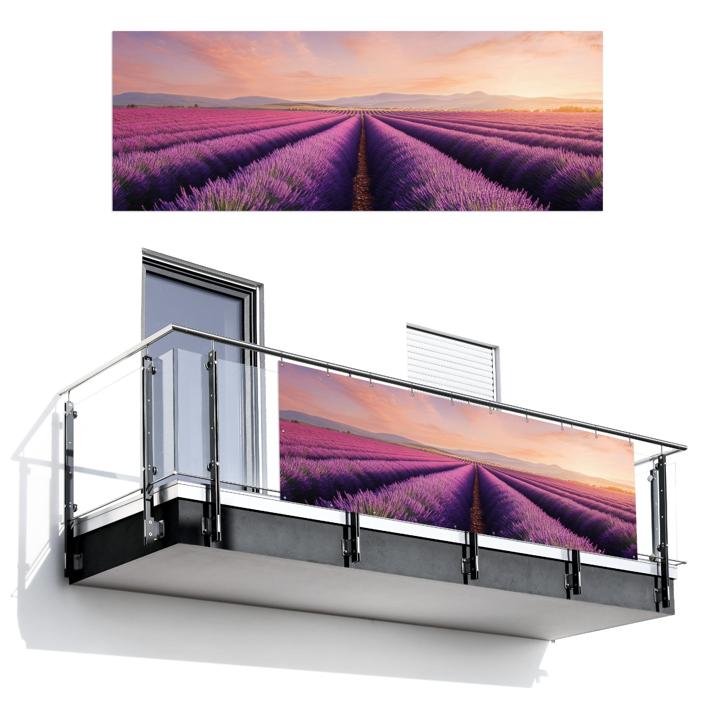BALKON-SICHTSCHUTZ Lavendelfeld - Sonnenuntergang - Lila - Blumen Balkon Deko 300x110 cm - Violett, Kunststoff (300/110cm) - MuchoWow
