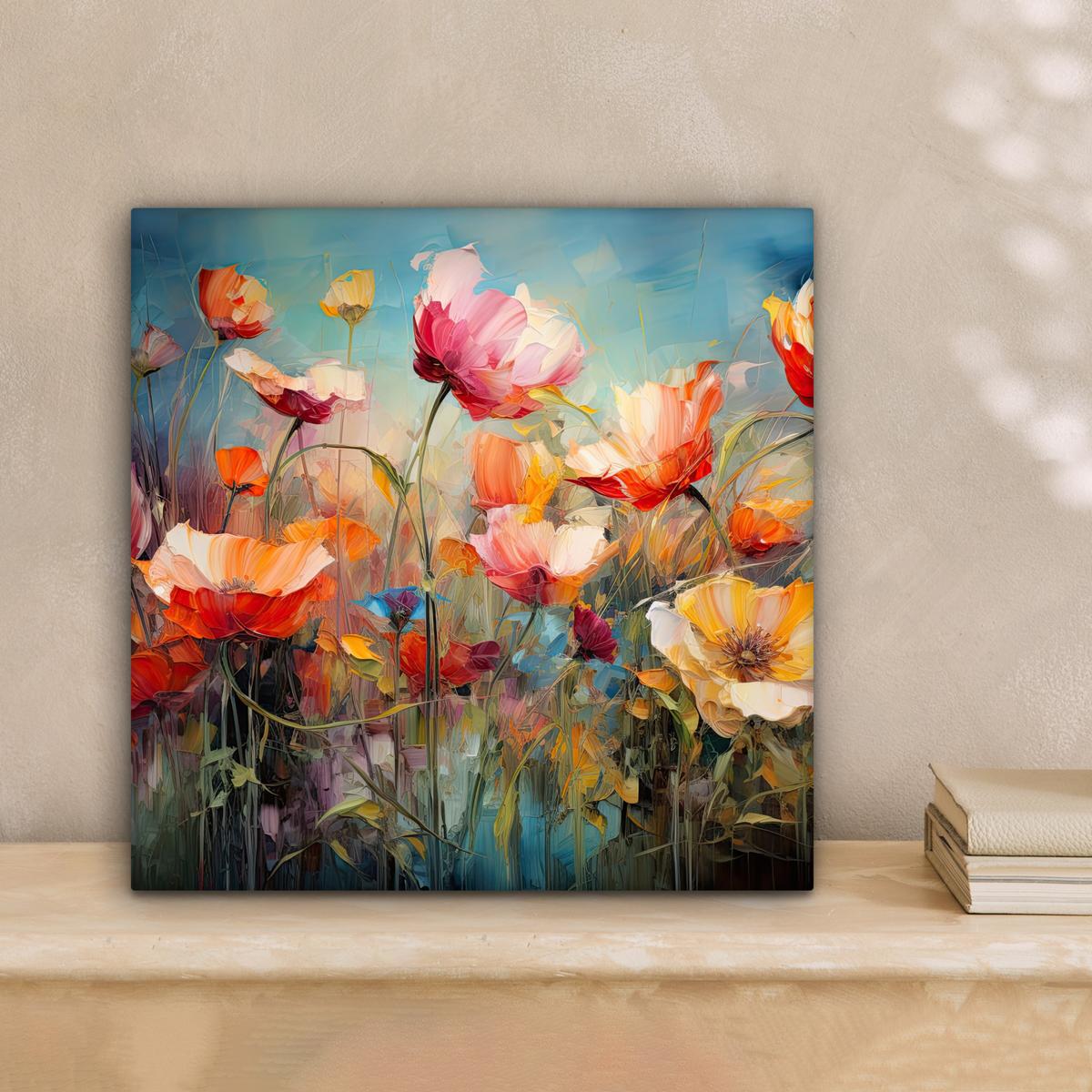LEINWANDBILD Blumen - Aquarell - Kunst - Botanisch - Natur Deko Wohnzimmer 20x20 cm - Orange, Textil (20/20cm) - MuchoWow