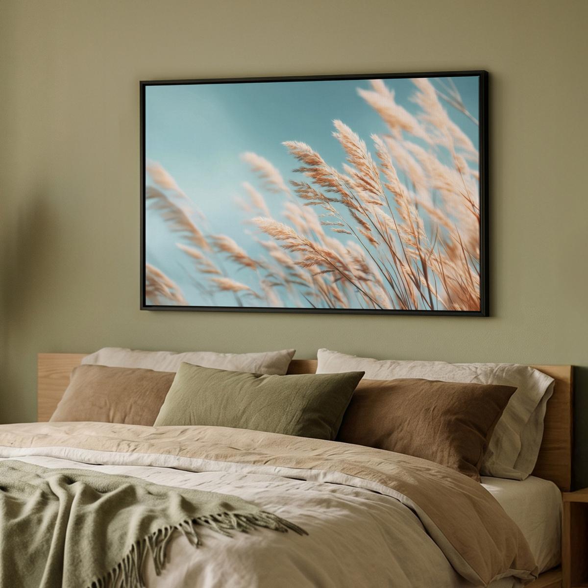 LEINWAND Bilder mit Rahmen - Ziergras - Wind - Hellbraun - 90x60 - Hellblau, Textil (90/60cm) - MuchoWow