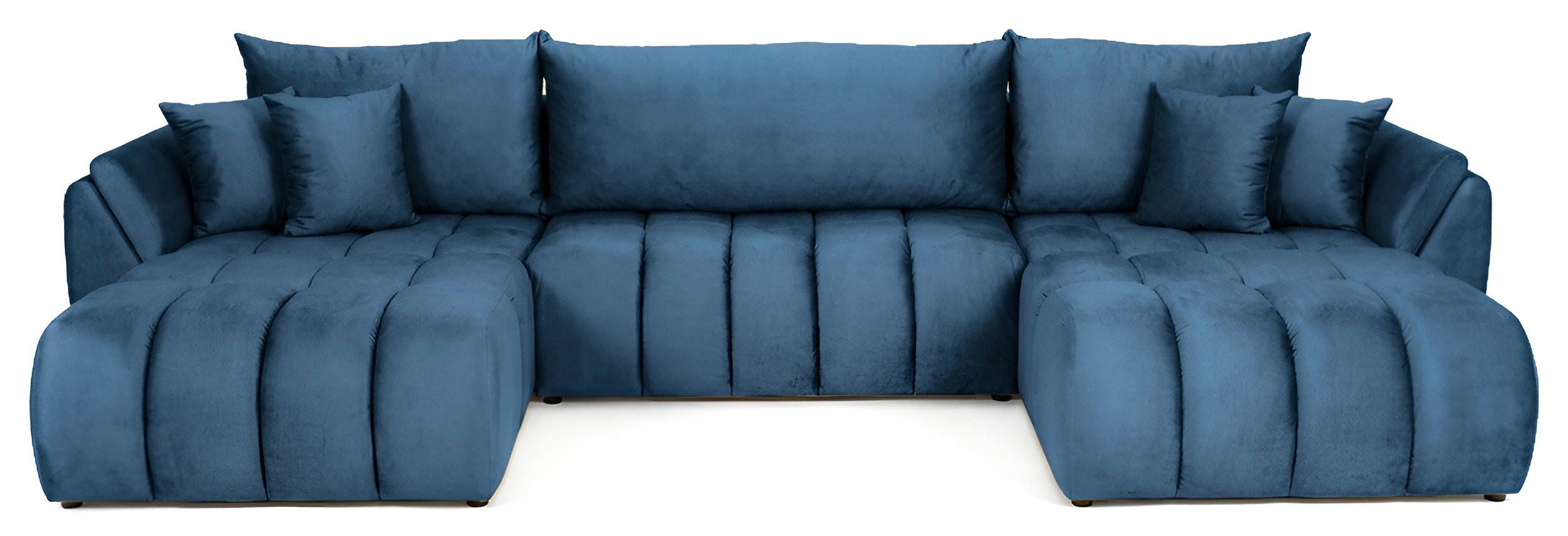 ECKSOFA Iris U mit Schlaffunktion und Bettkasten, U-Form – Dunkelblau Samt 382/184/85 cm - Blau/Schwarz, Kunststoff/Textil (382/184cm) - WFL GROUP