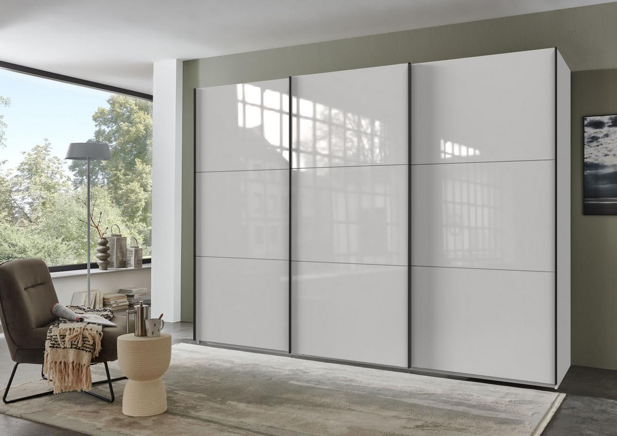 SCHWEBETÜRENSCHRANK 3-türig B300/H216/T65 cm in Weiß mit Glasfront, Kleiderschrank inkl. Vollausstattung / 22036 - Eichefarben/Weiß, Holzwerkstoff/Metall (300/216/65cm) - luma-home