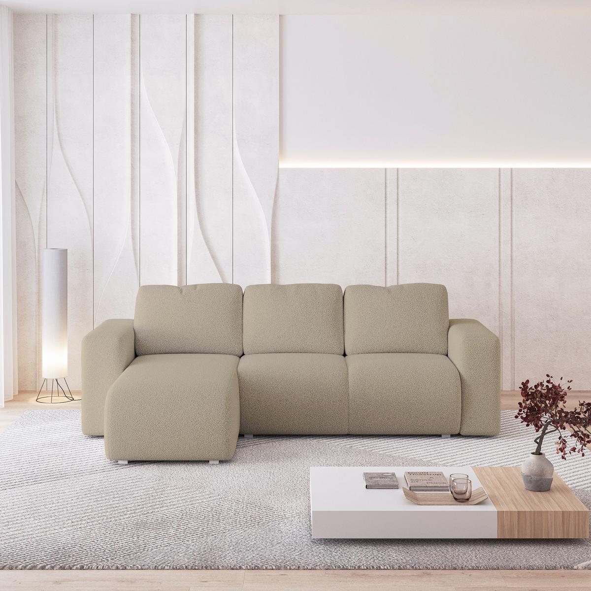 ECKSOFA RINOVA Beige Boucle-Stoff mit Schlaffunktion - Beige, Holz (250/143cm) - MASSENO
