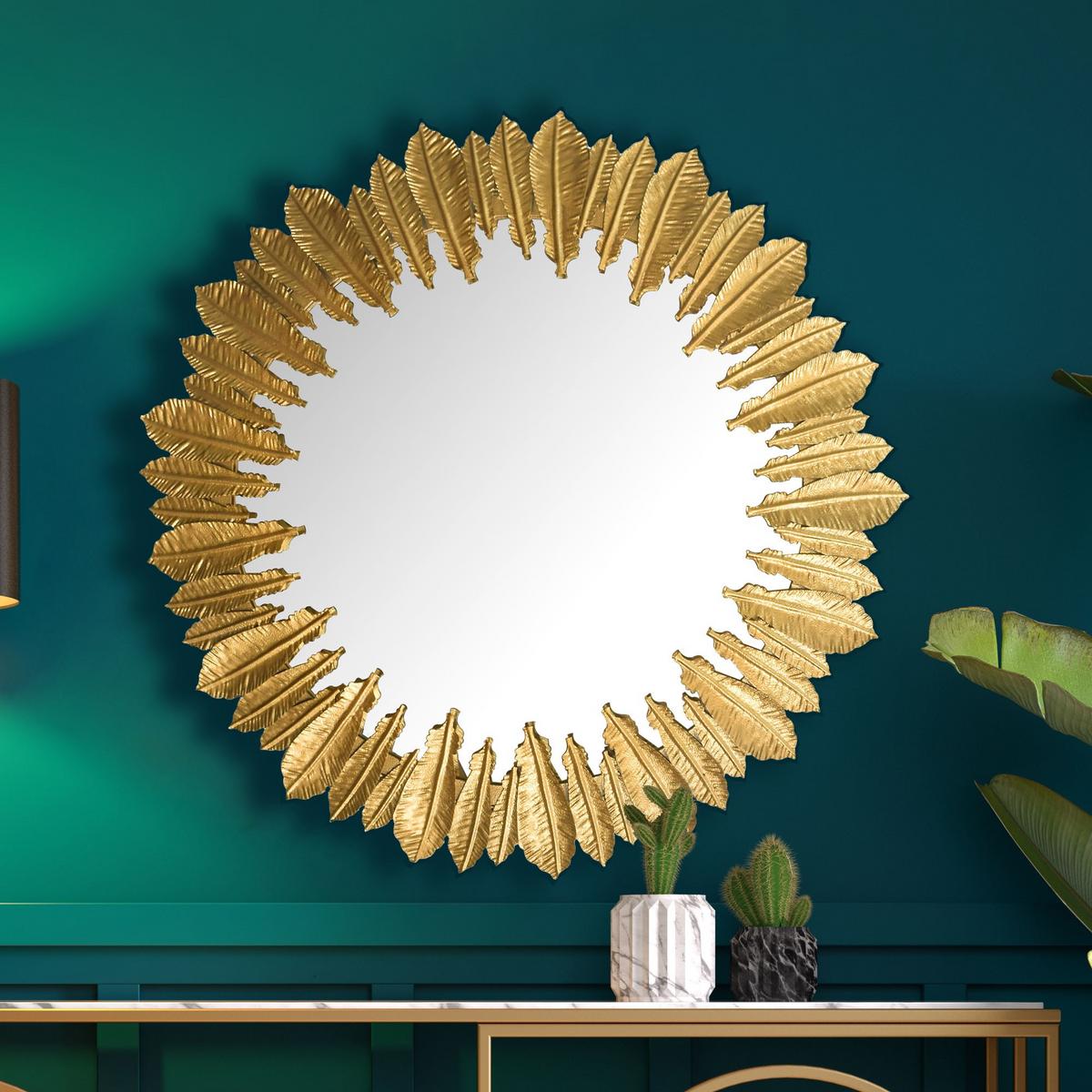 WANDSPIEGEL Rund Metall Gold 68 cm Federn-Design - Goldfarben, Glas (68/68/3cm) - KADIMA DESIGN