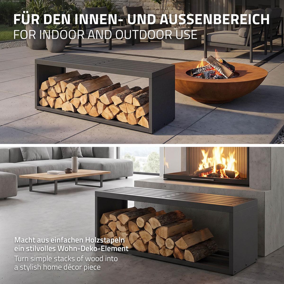 KAMINHOLZREGAL Innen/Aussen mit Sitzbank Metall Brennholzregal Anthrazit 120x38x43 cm Stahl Verzinkt Schlicht - Anthrazit, Metall (120/43/38cm) - ML-DESIGN