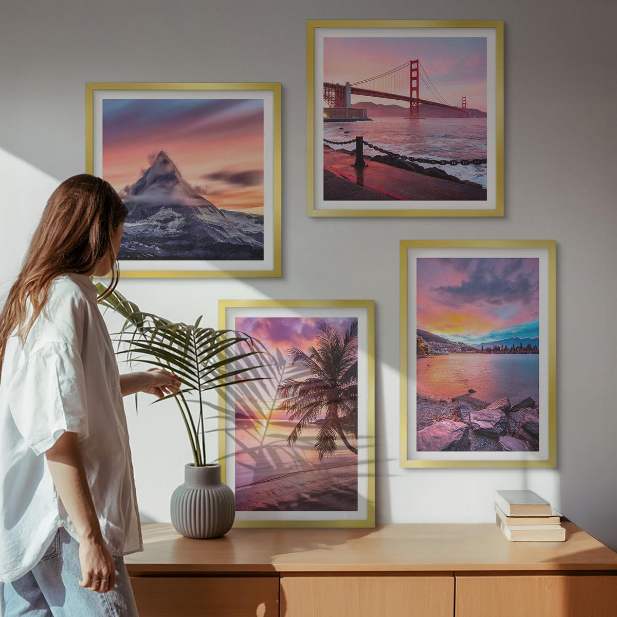 BILDER SET 4er Set - 50x50 cm & 40x60 cm Goldrahmen - Sonnenuntergangsbrücke Landschaft - Goldfarben, Kunststoff (50/50cm) - TULUP