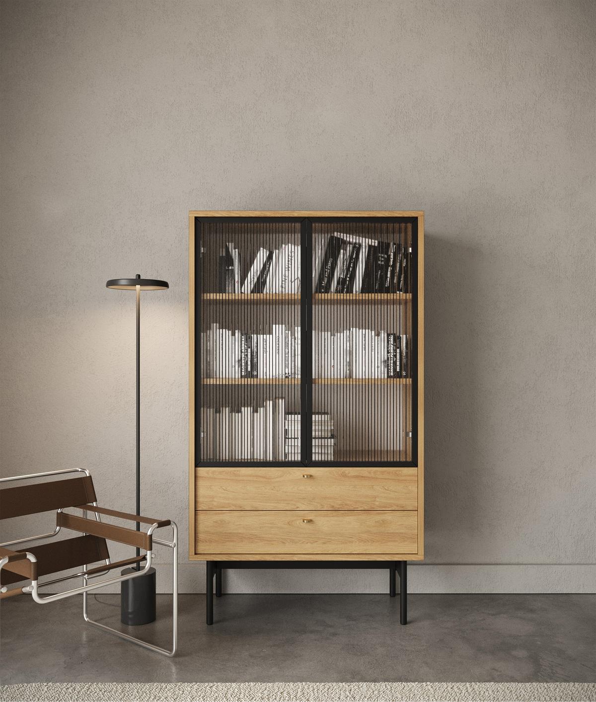 VITRINE Olar II Holzoptik Hickory Natur 85 cm - Beige/Goldfarben, Holzwerkstoff/Metall (85/150/41cm) - Selsey