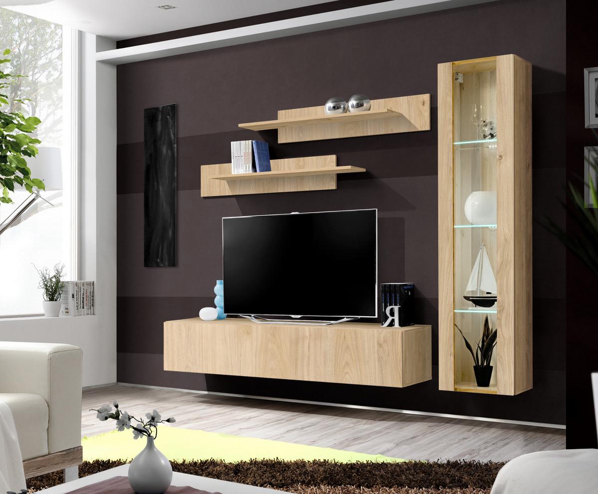 WOHNWAND Eiche Jackson 210 cm 4-teilig hängend, Anbauwand mit LED-Beleuchtung - Eichefarben, Glas/Holzwerkstoff (210/170/40cm) - Inn.Furn