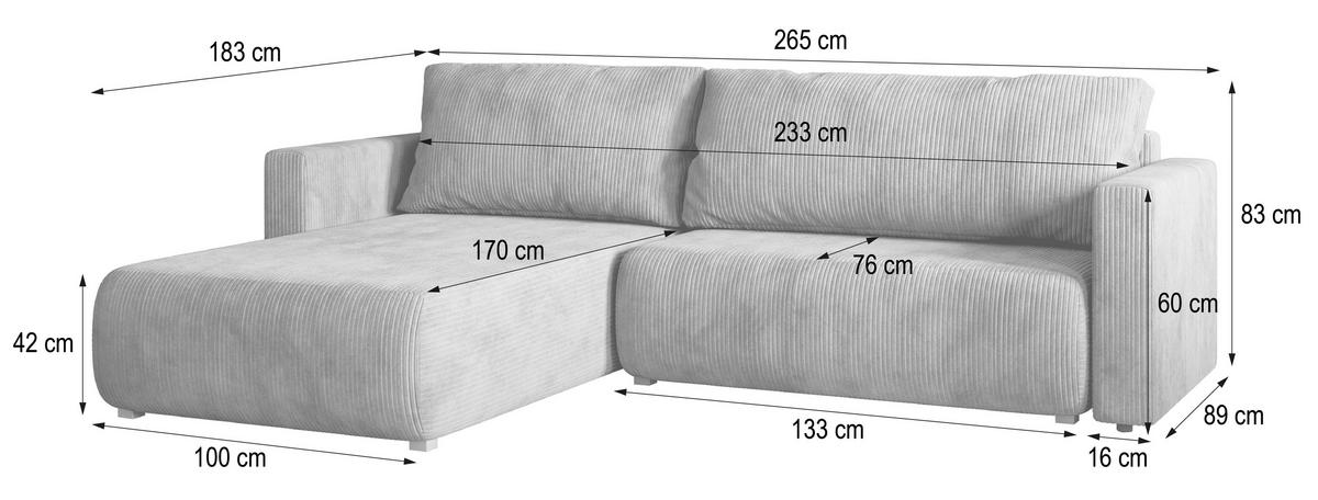 ECKSOFA TURIN P Creme Kordstoff mit Schlaffunktion - Creme/Grau, Holz/Kunststoff (265/183cm) - MASSENO