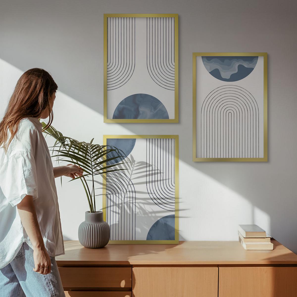 BILDER SET 3er Set - 40x60 cm Goldrahmen - Abstrakte blaue Muster - Goldfarben, Kunststoff (40/60cm) - TULUP