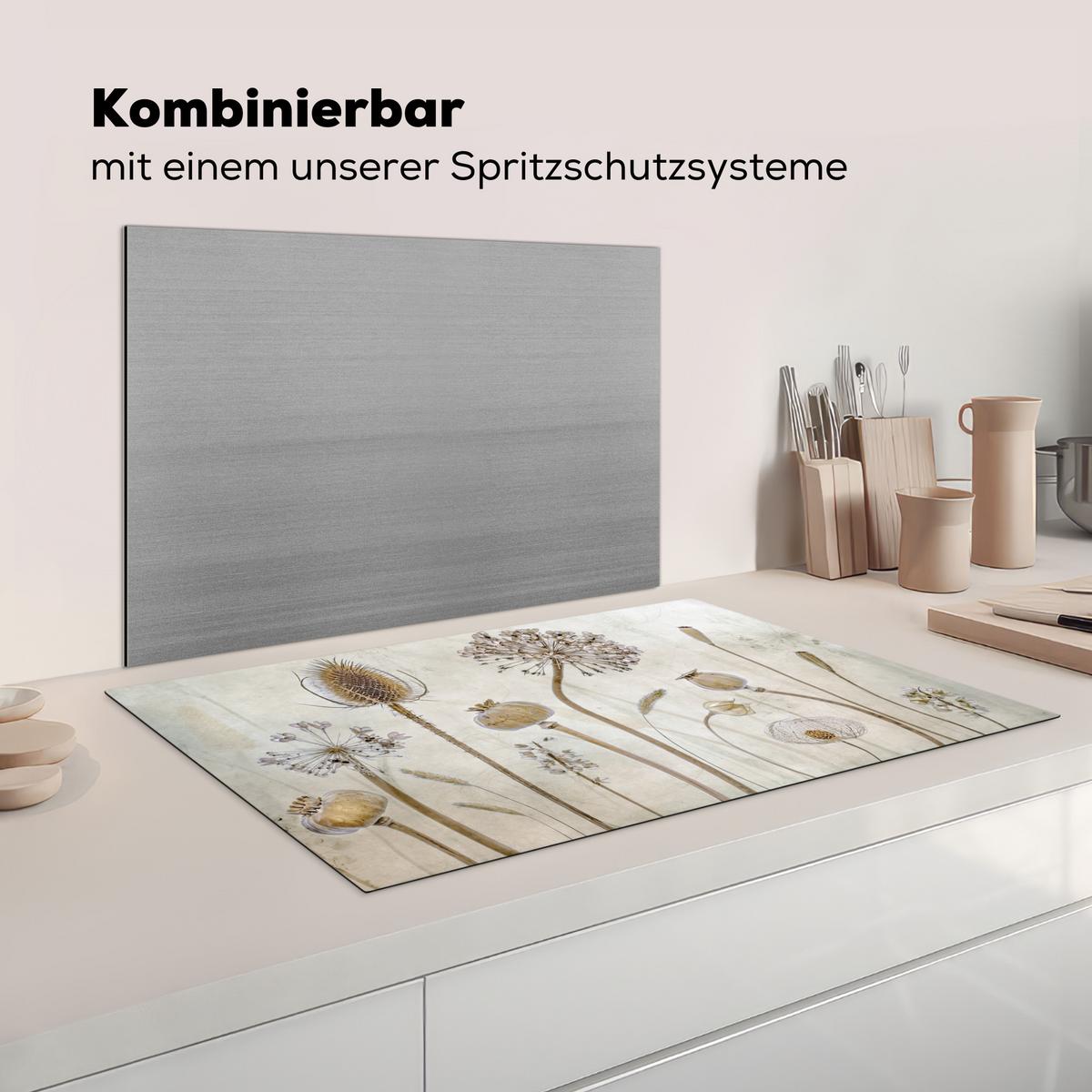 HERDABDECKPLATTE Blumen - Aquarell - Stilleben - Braun - Vintage Ceranfeldabdeckung 85x52 cm - Sandfarben, Kunststoff (85/52/0.2cm) - MuchoWow