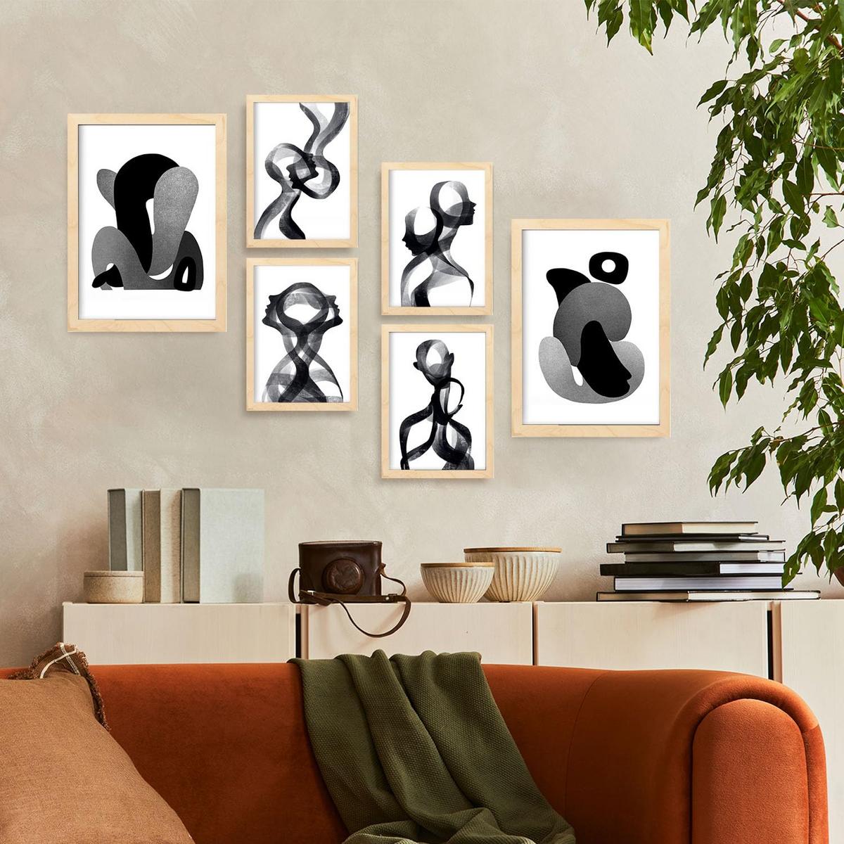 POSTER Set Mit 6 Gebogener Körper In Liebhaber Abstrakt Ästhetische Dekorative Gemälde Für Ihr Wohnzimmer Zuhause A3 & A4 Rahmen Aus Hellem Holz - Beige, Papier (29/3cm) - Nacnic