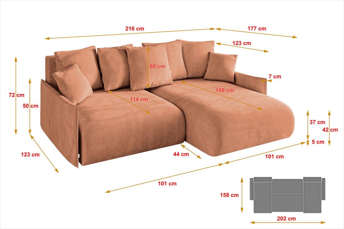 ECKSOFA Ottomane rechts ONESK-L-v1 216x177x72 Koralle Velours - Koralle, Holzwerkstoff/Kunststoff (177/216cm) - ALTDECOR