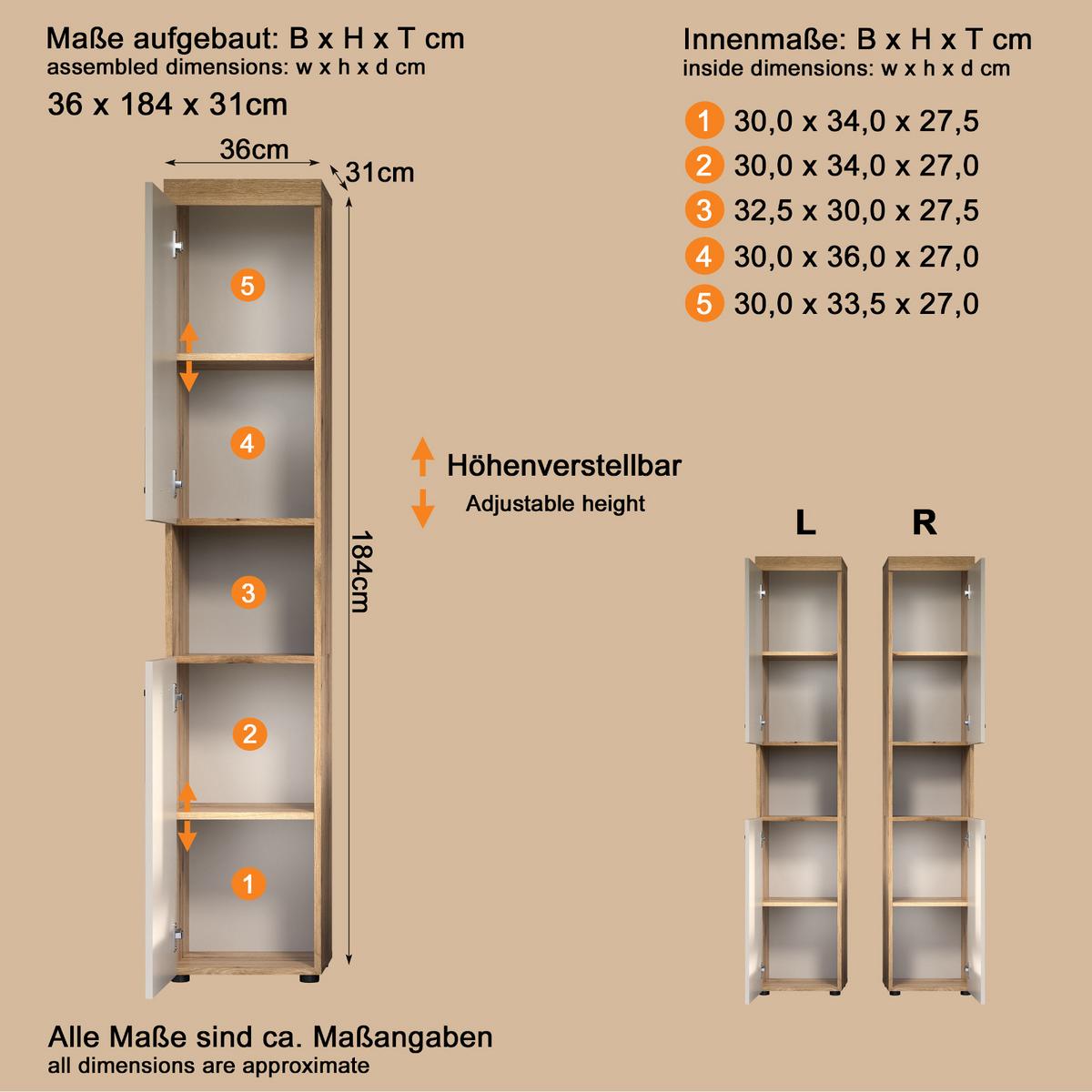 HOCHSCHRANK Kaschmir, Evoke Eiche 36 x 184 cm, Badschrank mit viel Stauraum - Kaschmir/Eichefarben, Holzwerkstoff/Kunststoff (30/185/30cm) - Top.Furn