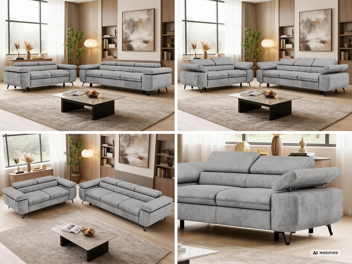 SITZGARNITUR PETERS 2+3 - Hellgrau Velvet - Silberfarben/Hellgrau, Textil/Metall (262/76/99cm) - MKS