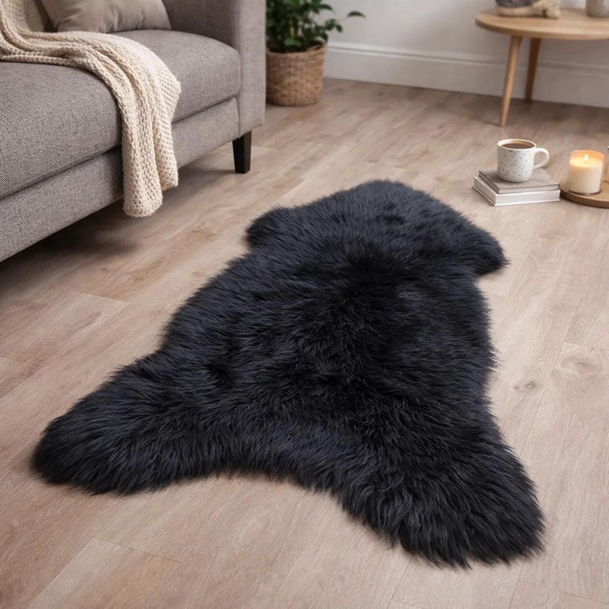 SCHAFFELL Natur Lammfell Weich Flauschig Wohnteppich, Schwarz, ca. 110 cm - Schwarz, Fell (60/110cm) - Provellus