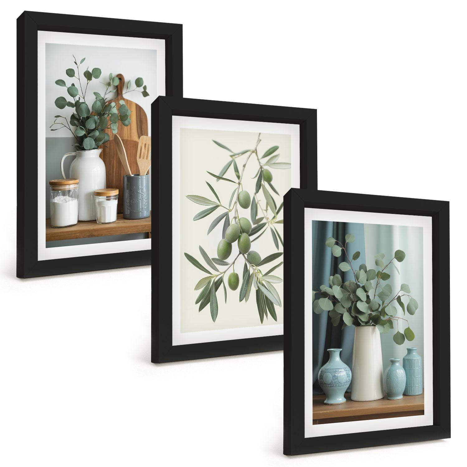 BILDER SET 3er Set - 20x30 cm Schwarzer Rahmen - Grüne Oliven, Eukalyptus - Schwarz, Kunststoff (20/30cm) - TULUP