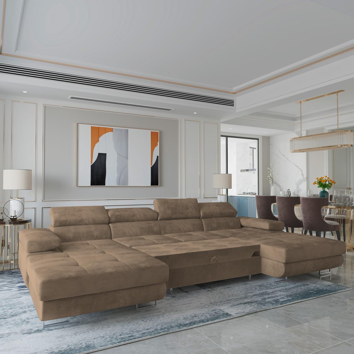 WOHNLANDSCHAFT LYKKE Beige Velours-Stoff mit Schlaffunktion - Beige, Holz (353/90/202cm) - MASSENO