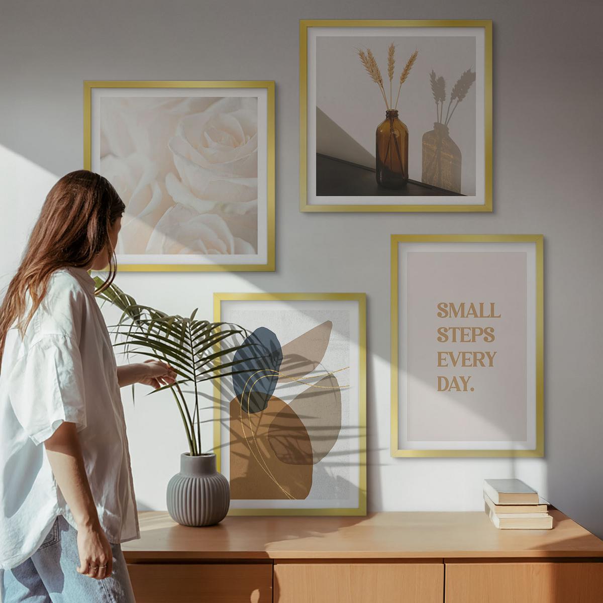 BILDER SET 4er Set - 50x50 cm & 40x60 cm Goldrahmen - Abstrakte Formen Akzente - Goldfarben, Kunststoff (50/50cm) - TULUP