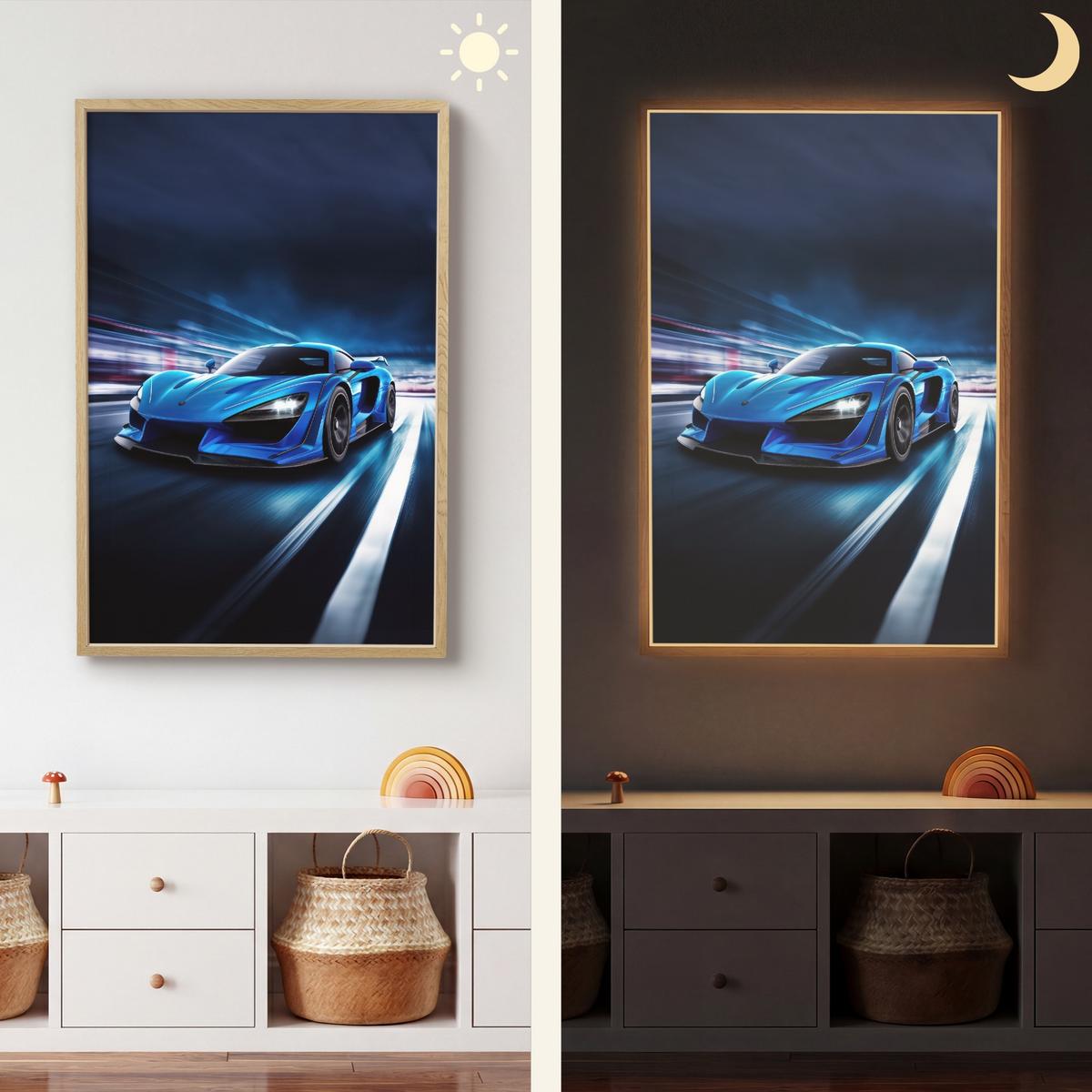 WANDLEUCHTE MIT AKKU Auto - Blau - Jungen - Kind 70x100 cm - Blau, Holzwerkstoff (70/100/8cm) - OnlyWow
