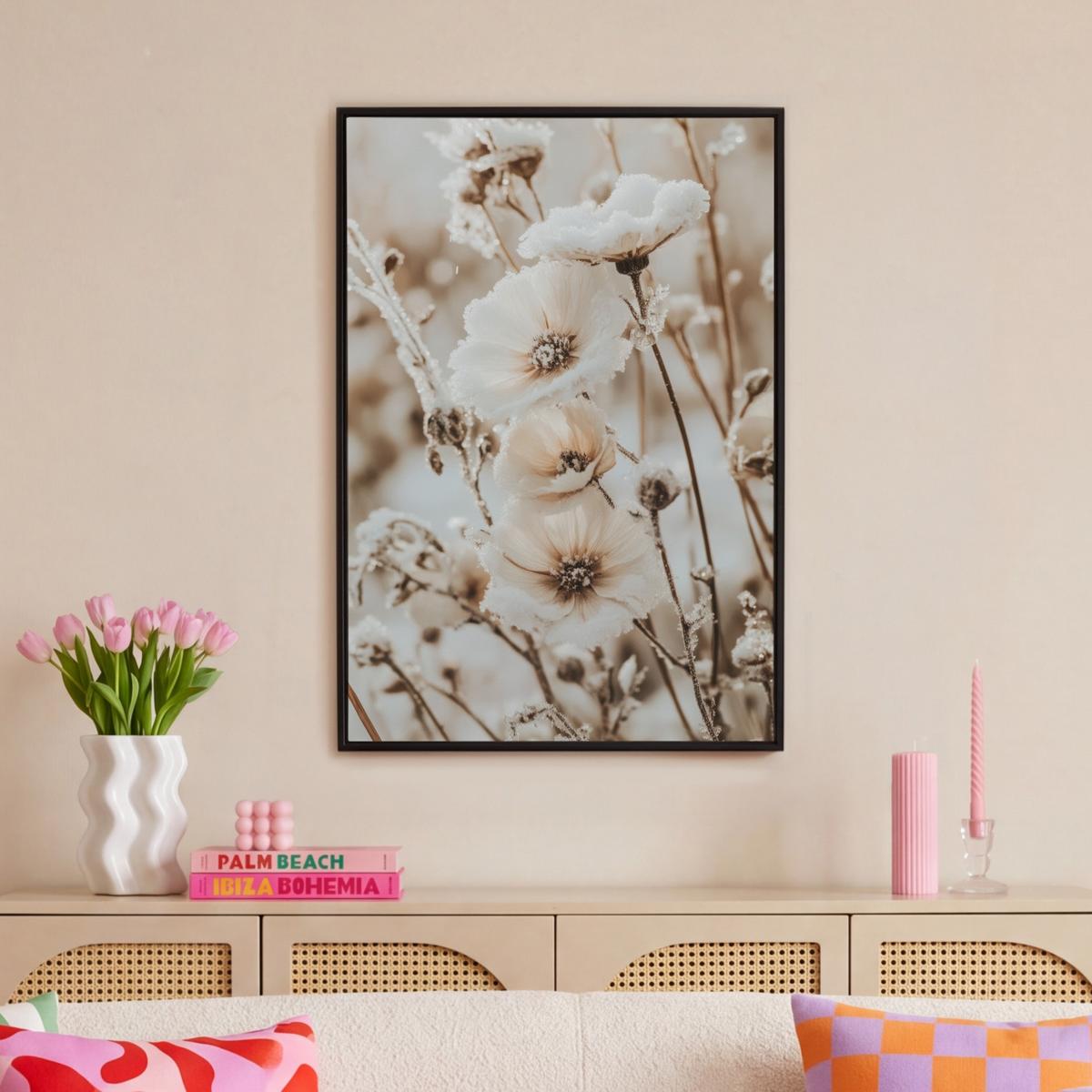 LEINWAND Bilder mit Rahmen - Blumen - Winter - Weiß - Schnee - Beige - 60x90 - Creme, Textil (60/90cm) - MuchoWow